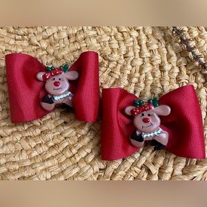 Boutique sz medium pair of reindeer Christmas hair bows for pigtails